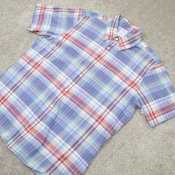 Brooks Brothers Regent Shirt Men Large Blue/Red Plaid Cotton Short Sleeve Button - Picture 3 of 12